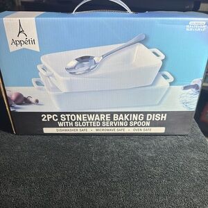 White Stoneware Baking Dish Set with Slotted Serving Spoon